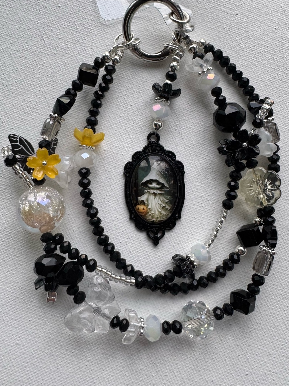 Gothic Black and Clear Beaded Multi-Strand phone charm with Cameo Witch Pendant